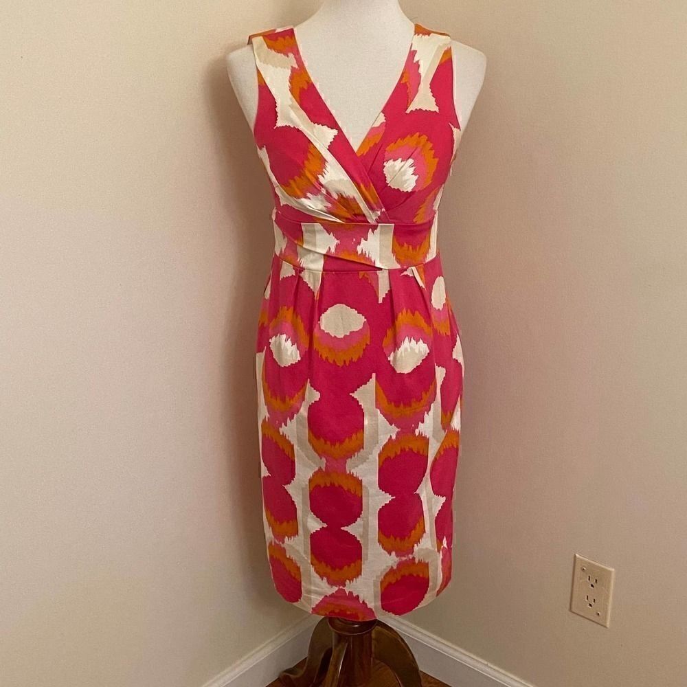 Boden Pink, Orange & White Ikat Sleeveless Pencil Dress Size 4R